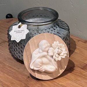 East West Healing Grey Jasmine Scented Candle With Buddha Statue Bamboo Lid